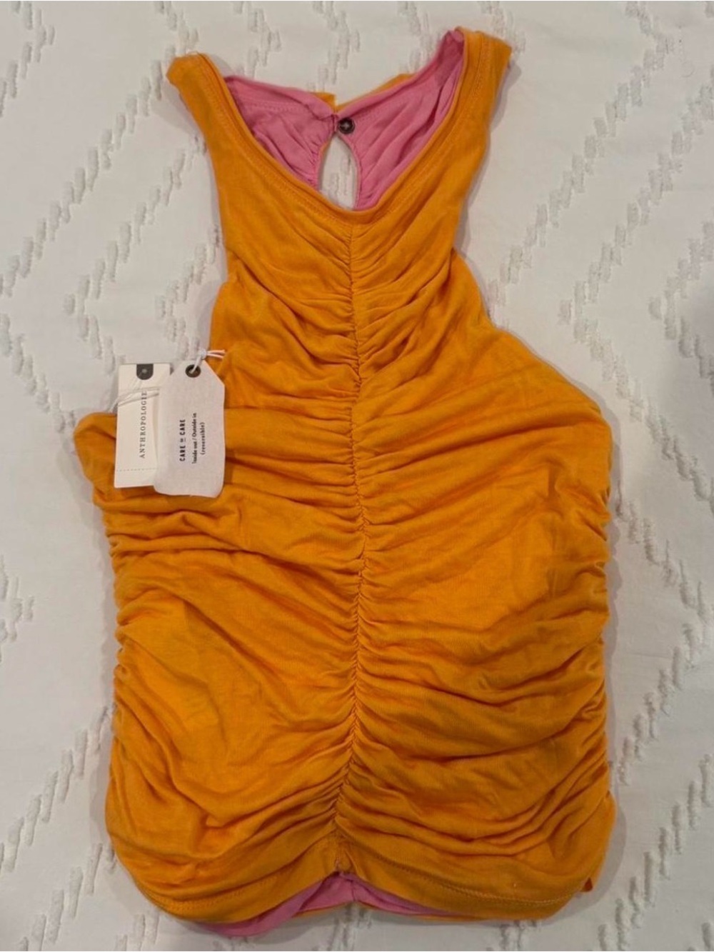 Anthropologie Reversible Orange Tank with Pink Lining and Ruched Front